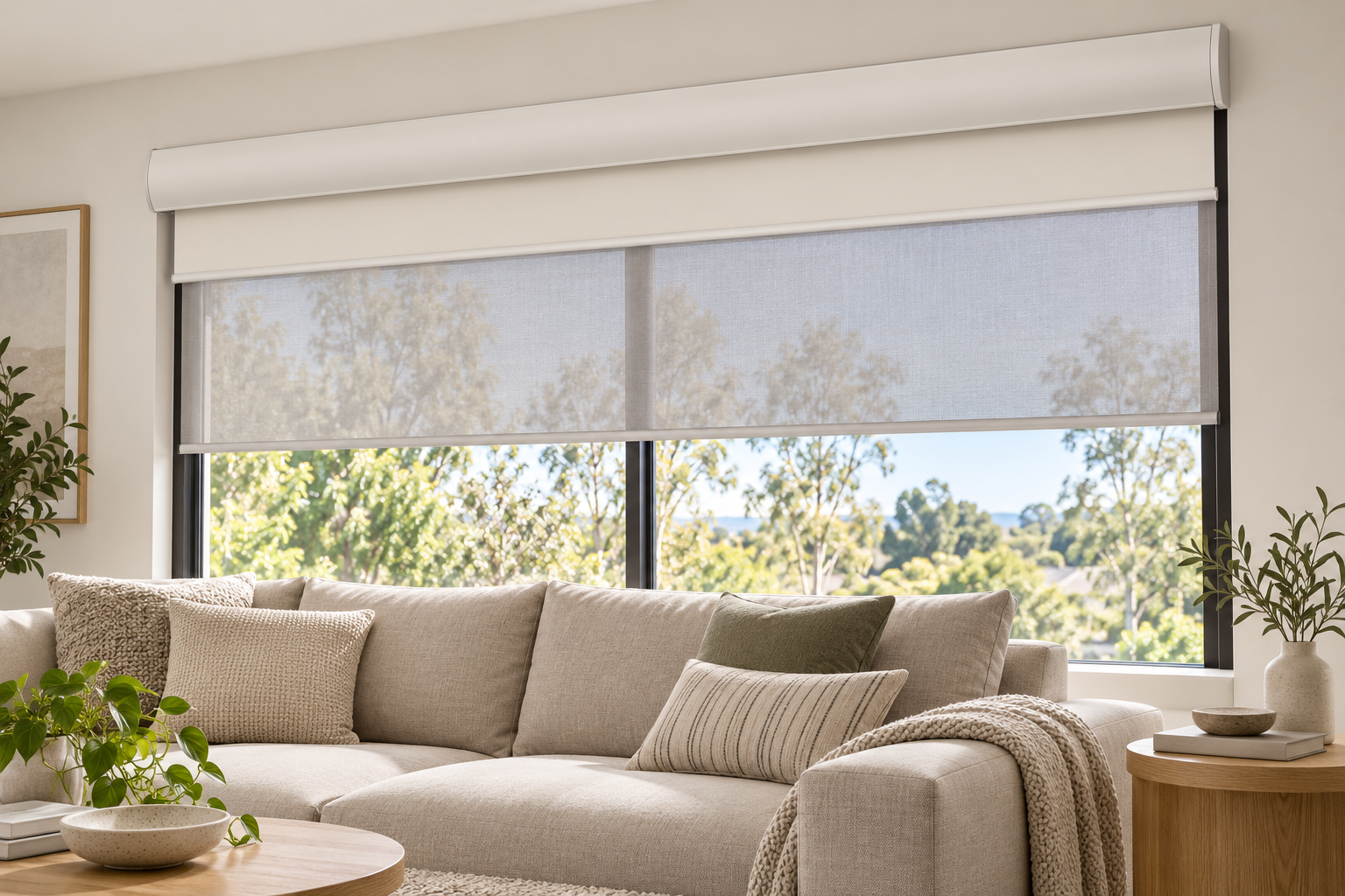 Double roller blinds with a curved fascia in a warm neutral living room