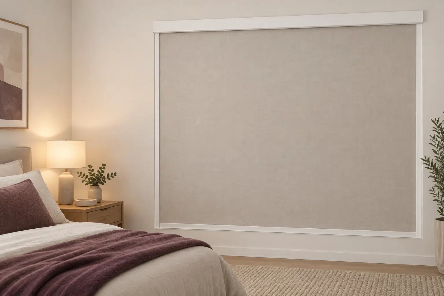 White square cassette with side and bottom channels around a closed blockout roller in a MyDIY bedroom